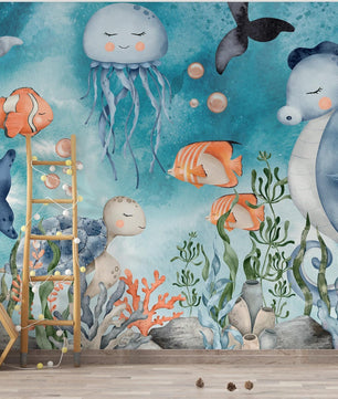 Papel para paredes Fondo Marino con Algas Caballito de Mar