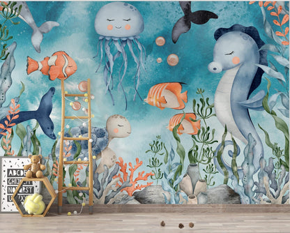 Papel para paredes Fondo Marino con Algas Caballito de Mar