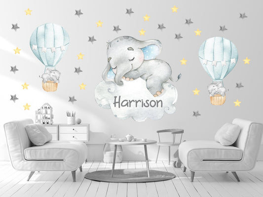 Vinilos decorativos Adhesivos infantiles de Pared Elefante Dormilon con globos aerostaticos
