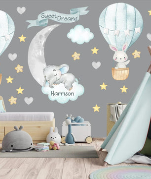 Vinilos decorativos Adhesivos infantiles de Pared Elefante Dormilon con globos aerostaticos luna y estrellas