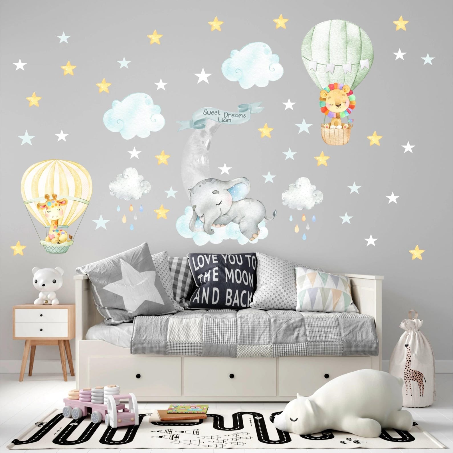 Vinilos decorativos Adhesivos infantiles de Pared Elefantes en nube con globos coloridos