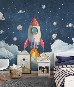 Papel para paredes Cohete despegando acuarela