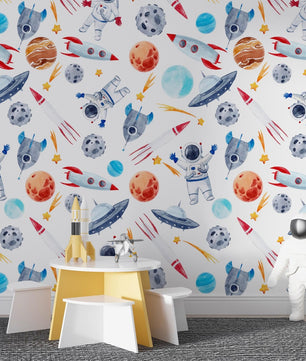 Papel para paredes astronautas mosaico colorido acuarela