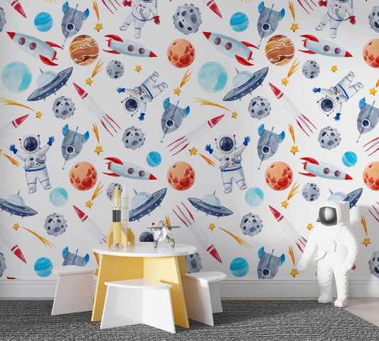 Papel para paredes astronautas mosaico colorido acuarela