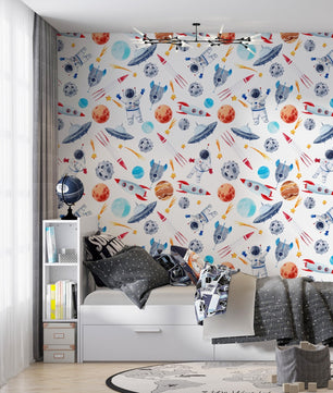 Papel para paredes astronautas mosaico colorido acuarela