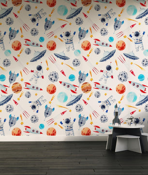 Papel para paredes astronautas mosaico colorido acuarela