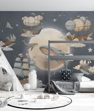 Papel para paredes luna con ballenas voladoras
