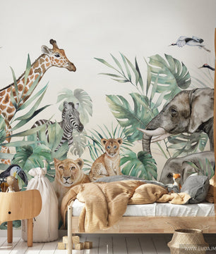Papel para paredes animales de safari con hojas acuarela