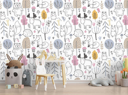 Papel para paredes mosaico Animales del Bosque Silueta