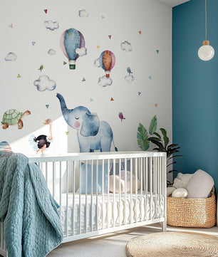 Vinilos decorativos Adhesivos infantiles de Pared Elefante azul con globos aerostaticos