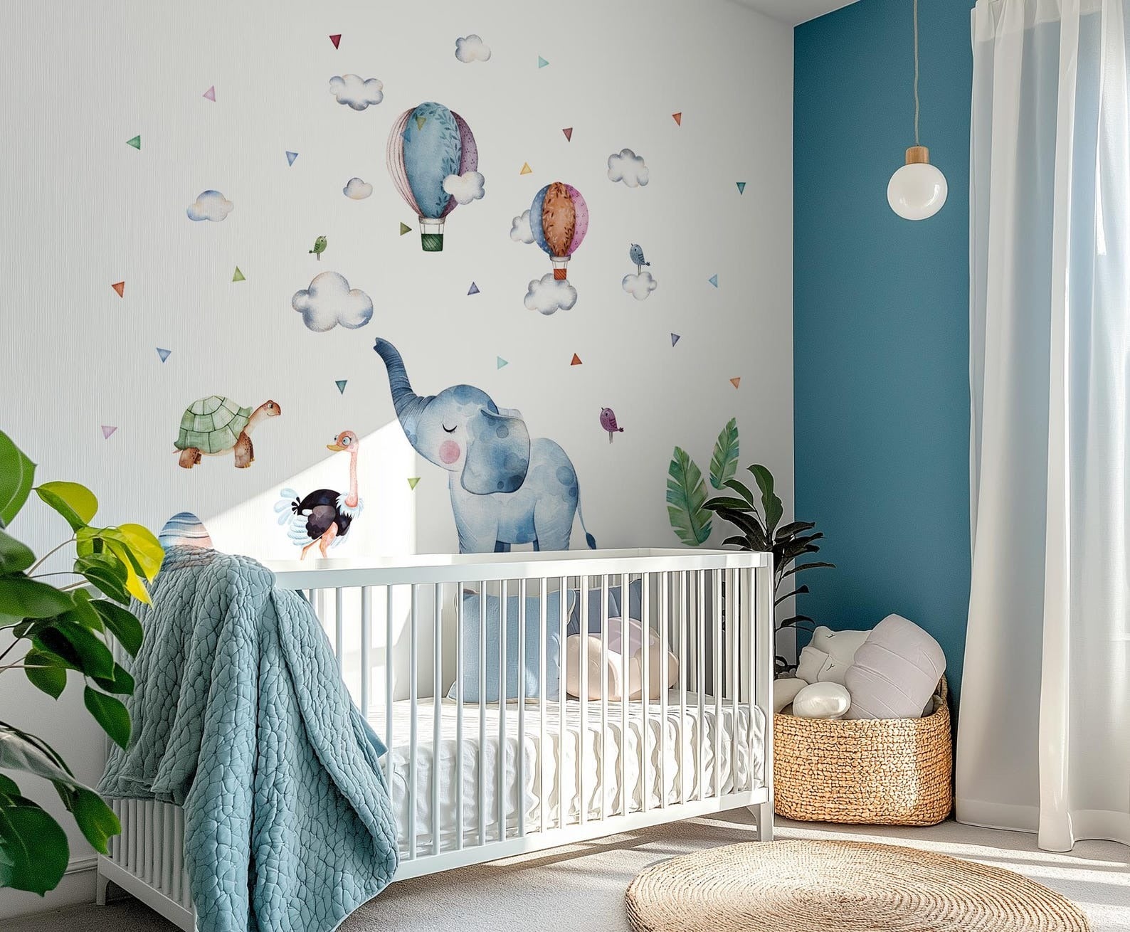 Vinilos decorativos Adhesivos infantiles de Pared Elefante azul con globos aerostaticos