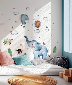 Vinilos decorativos Adhesivos infantiles de Pared Elefante azul con globos aerostaticos