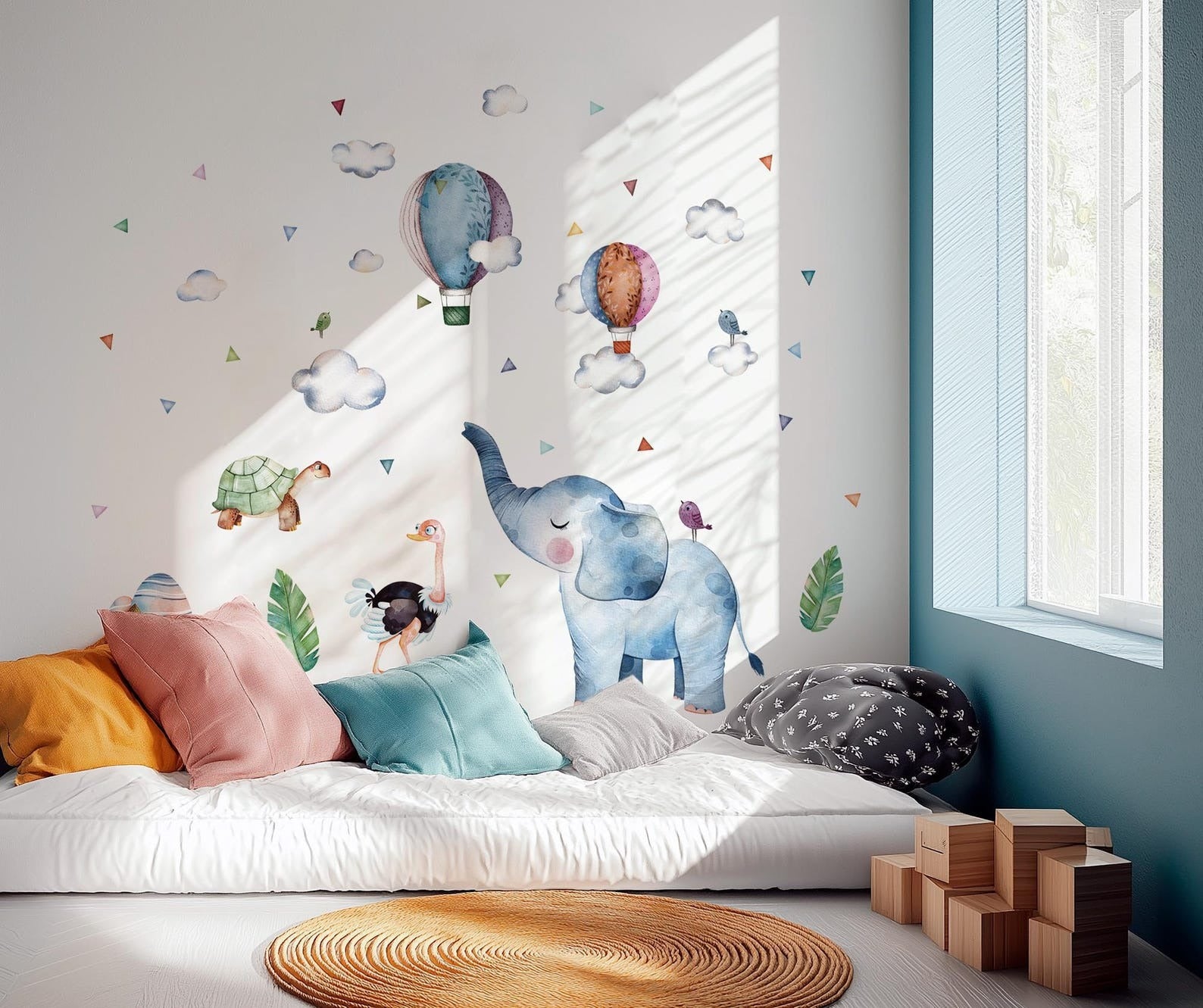 Vinilos decorativos Adhesivos infantiles de Pared Elefante azul con globos aerostaticos