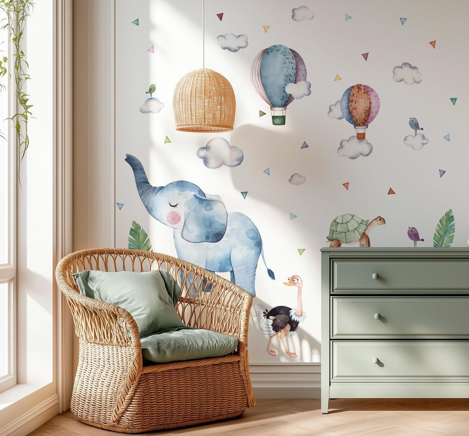 Vinilos decorativos Adhesivos infantiles de Pared Elefante azul con globos aerostaticos