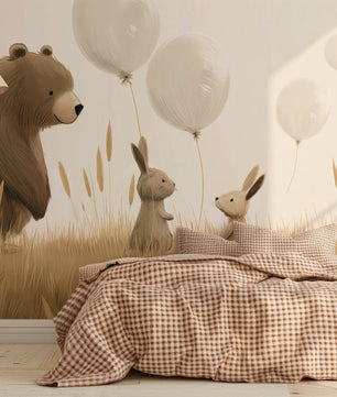 Papel para paredes osos y conejitos con globos