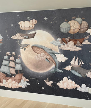 Papel para paredes luna con ballenas voladoras