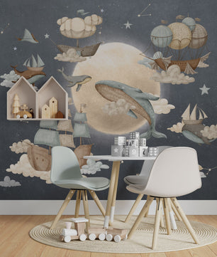 Papel para paredes luna con ballenas voladoras