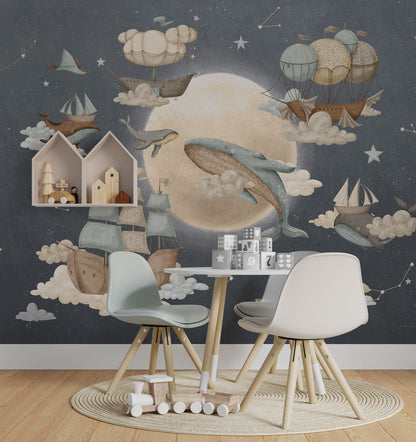 Papel para paredes luna con ballenas voladoras