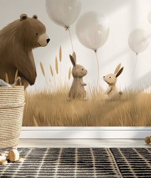 Papel para paredes osos y conejitos con globos