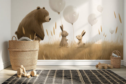 Papel para paredes osos y conejitos con globos