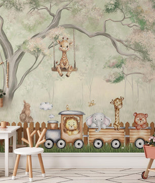 Papel para paredes infantil tren de safari con barda