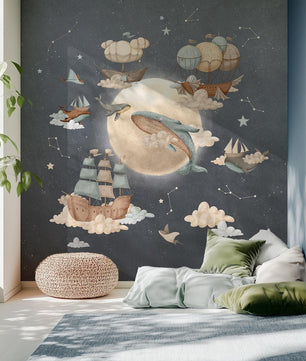 Papel para paredes luna con ballenas voladoras