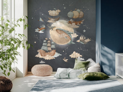 Papel para paredes luna con ballenas voladoras