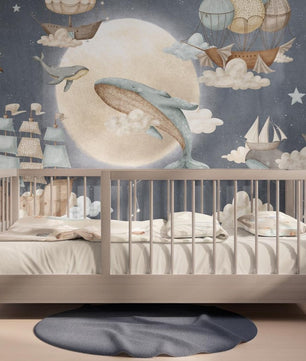 Papel para paredes luna con ballenas voladoras