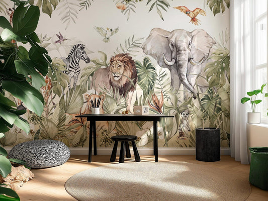 Papel para paredes infantil Paraíso safari acuarela