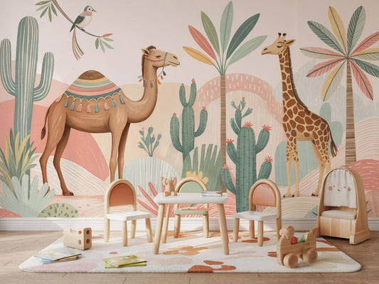 Papel para paredes animales de safari y desierto con camellos, jirafas y cactus.