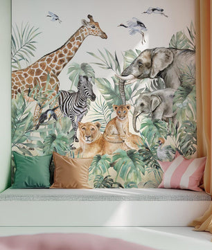 Papel para paredes animales de safari con hojas acuarela