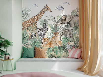 Papel para paredes animales de safari con hojas acuarela