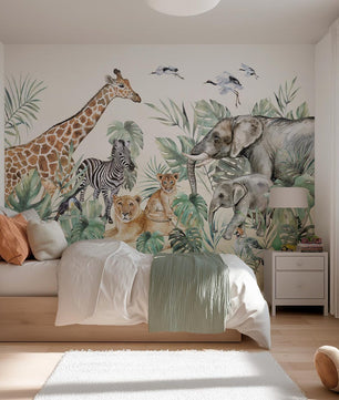 Papel para paredes animales de safari con hojas acuarela