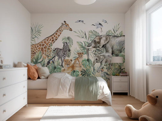 Papel para paredes animales de safari con hojas acuarela