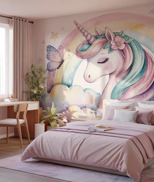 Papel para paredes Unicornio con Arcoiris y Mariposas