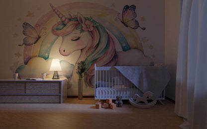 Papel para paredes Unicornio con Arcoiris y Mariposas