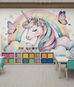 Papel para paredes Unicornio con Arcoiris y Mariposas