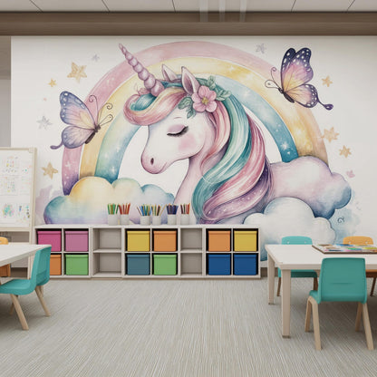Papel para paredes Unicornio con Arcoiris y Mariposas