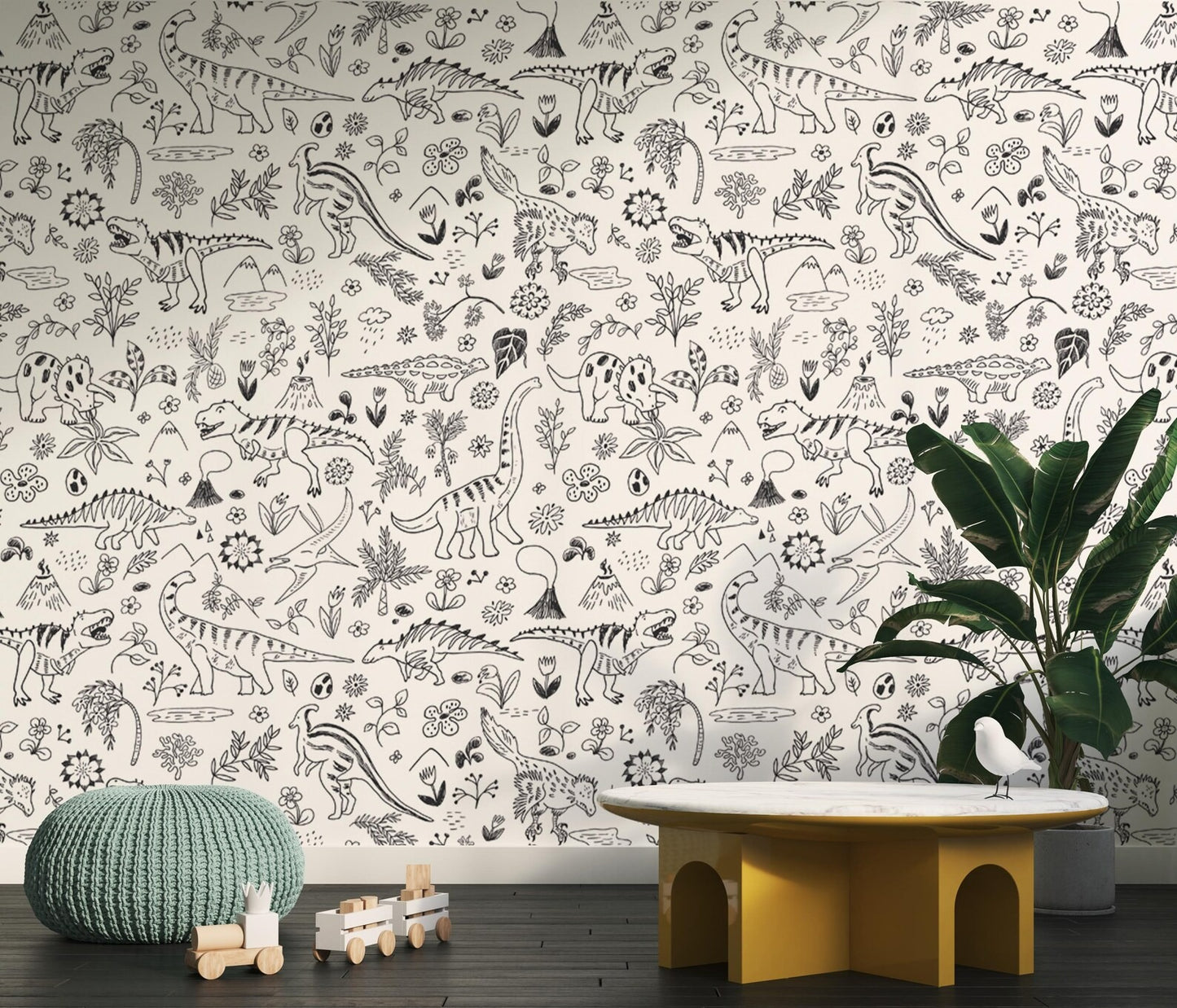 Papel para paredes Mosaico jurassico blanco y negro