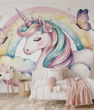 Papel para paredes Unicornio con Arcoiris y Mariposas