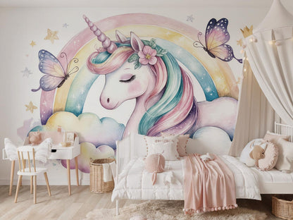 Papel para paredes Unicornio con Arcoiris y Mariposas
