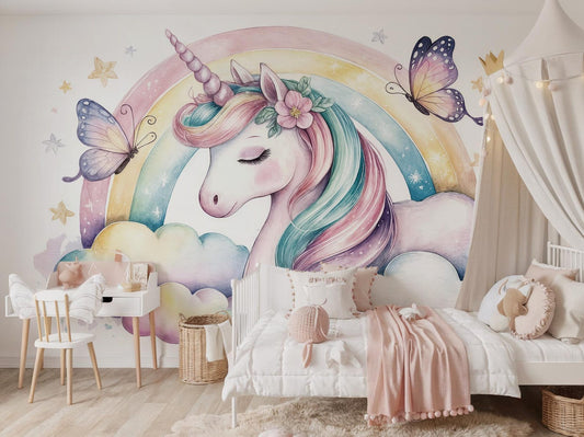 Papel para paredes Unicornio con Arcoiris y Mariposas