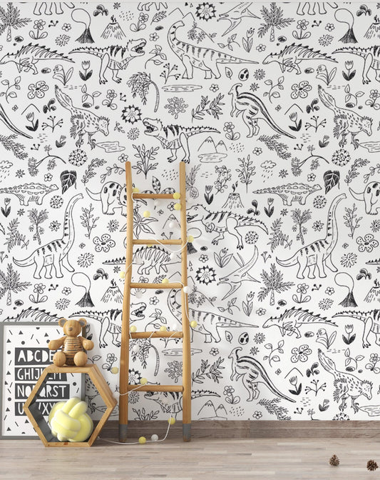Papel para paredes Mosaico jurassico blanco y negro