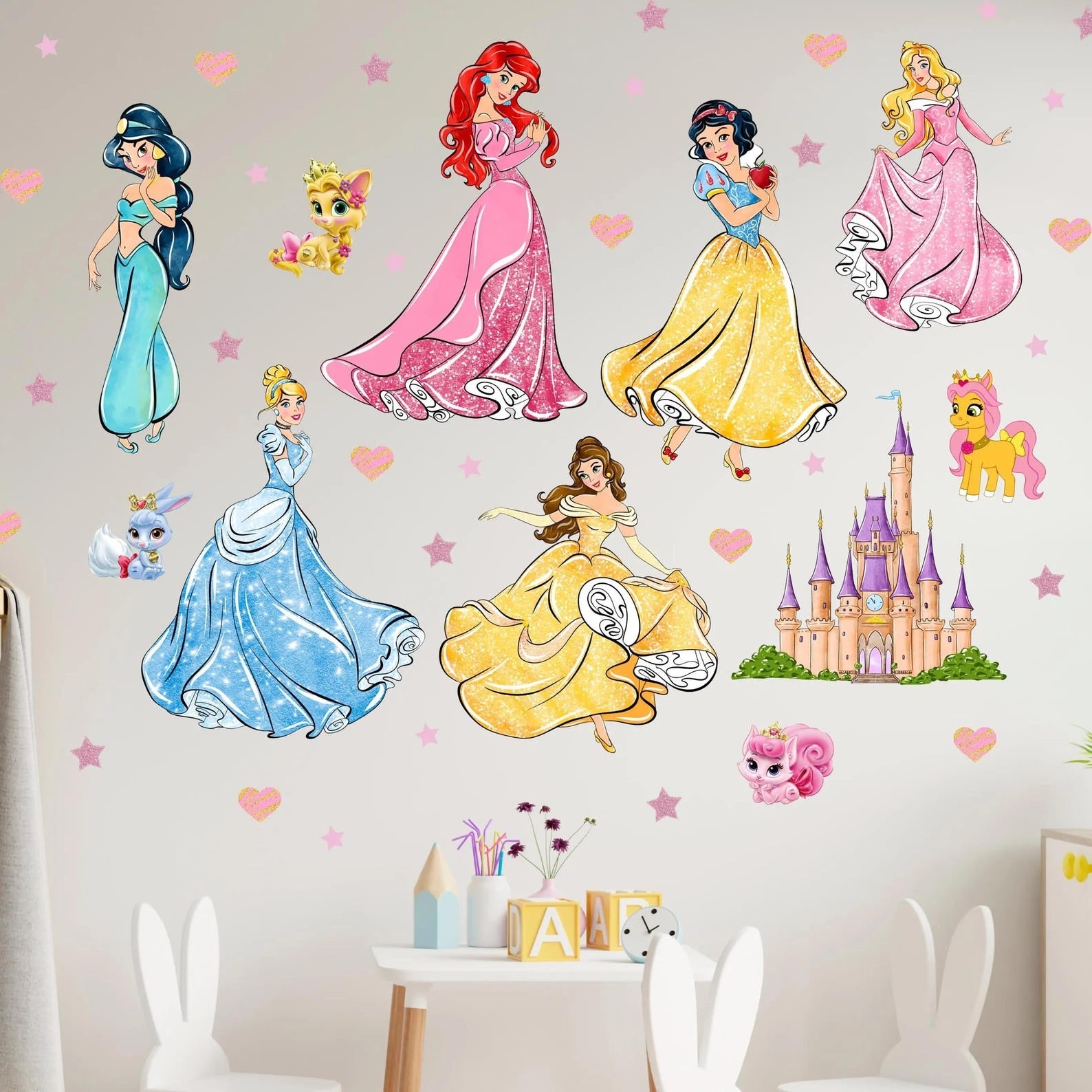 Vinilos decorativos Adhesivos infantiles de Pared princesas con castillo corazones y estrellas
