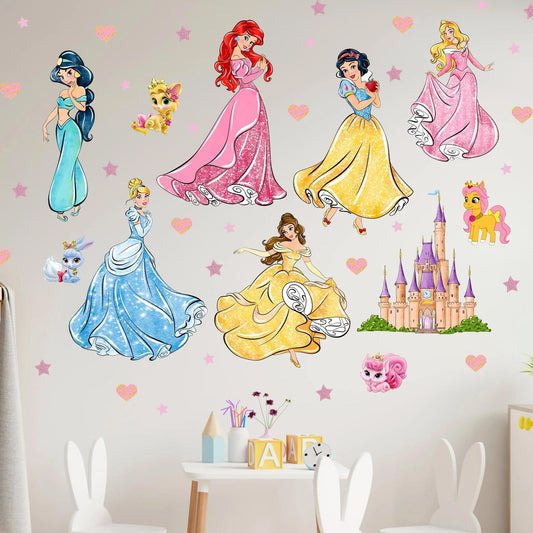 Vinilos decorativos Adhesivos infantiles de Pared princesas con castillo corazones y estrellas