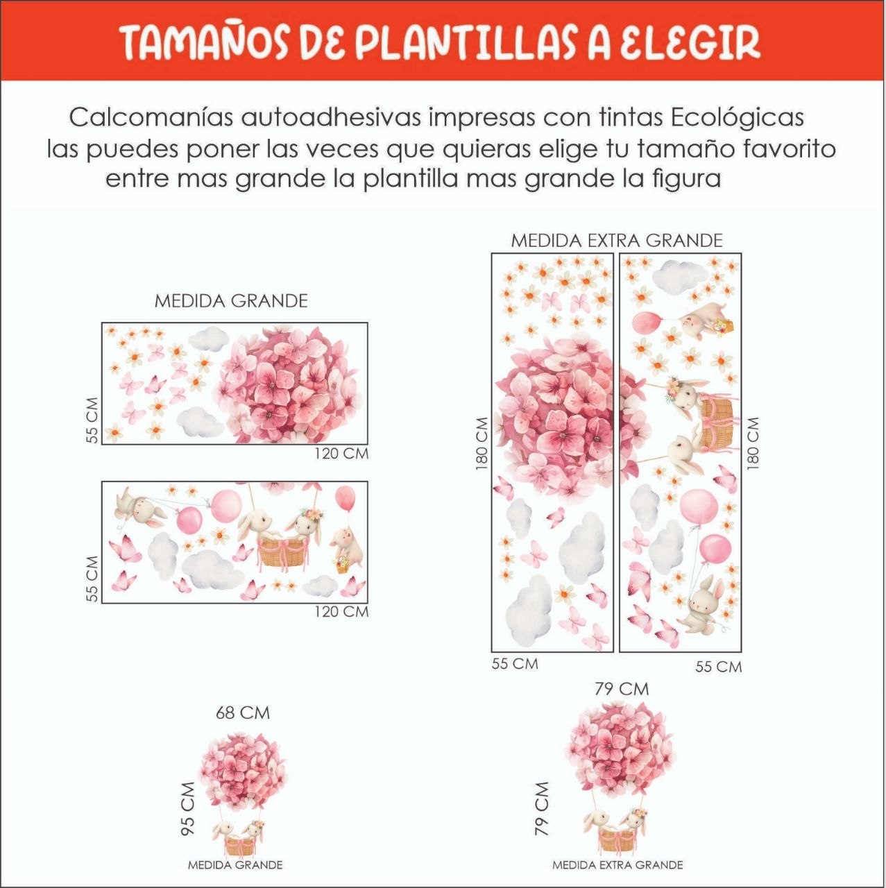 Vinilos decorativos Adhesivos infantiles de Pared conejas en globos aerostaticos (0058)
