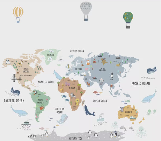 Calcomania Mapa mundi infantil infantil globos aerostaticos y aviones