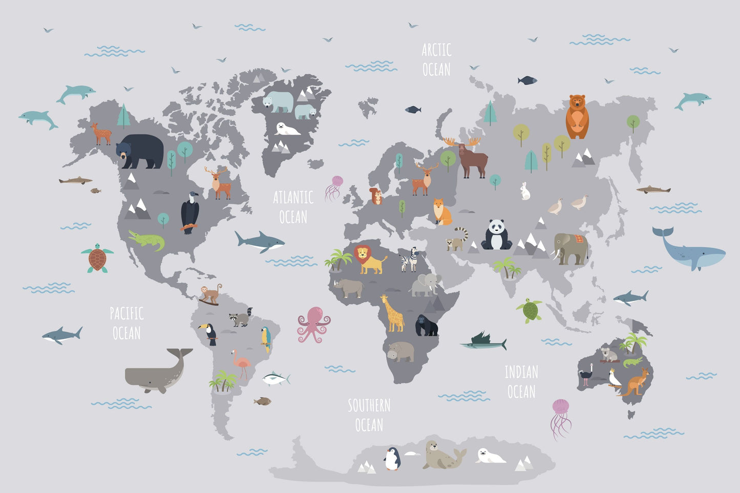 Papel para paredes Mapa mundial con animales salvajes