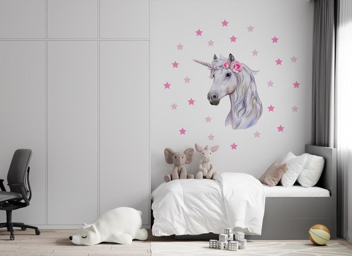 Vinilos decorativos Adhesivos infantiles de Pared unicornio con estrellas niña