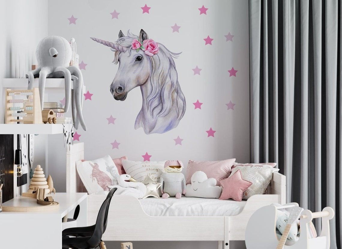 Vinilos decorativos Adhesivos infantiles de Pared unicornio con estrellas niña